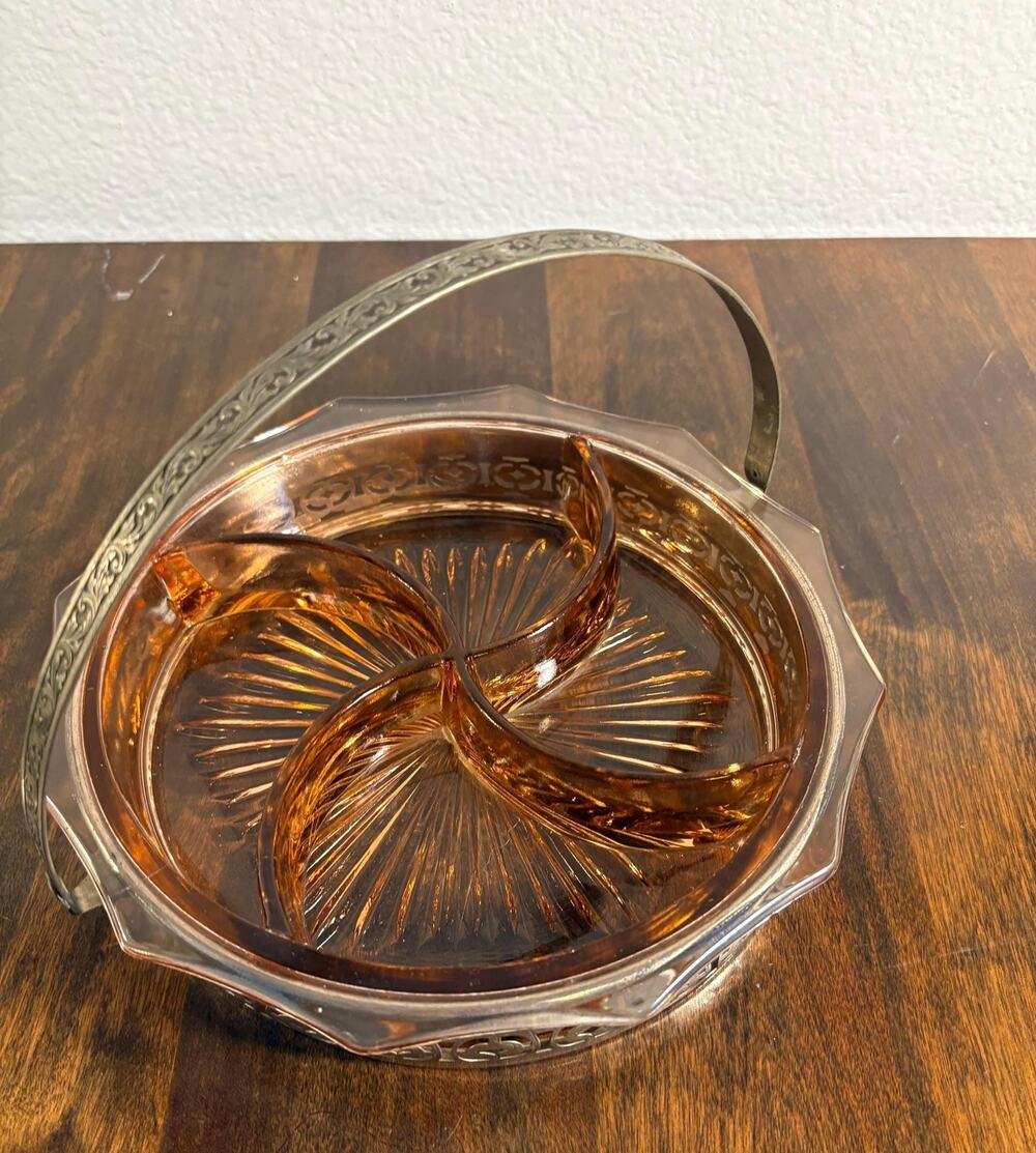 Vintage Round Depression Glass Divided Bowl Set, Embossed Tray with a Handle